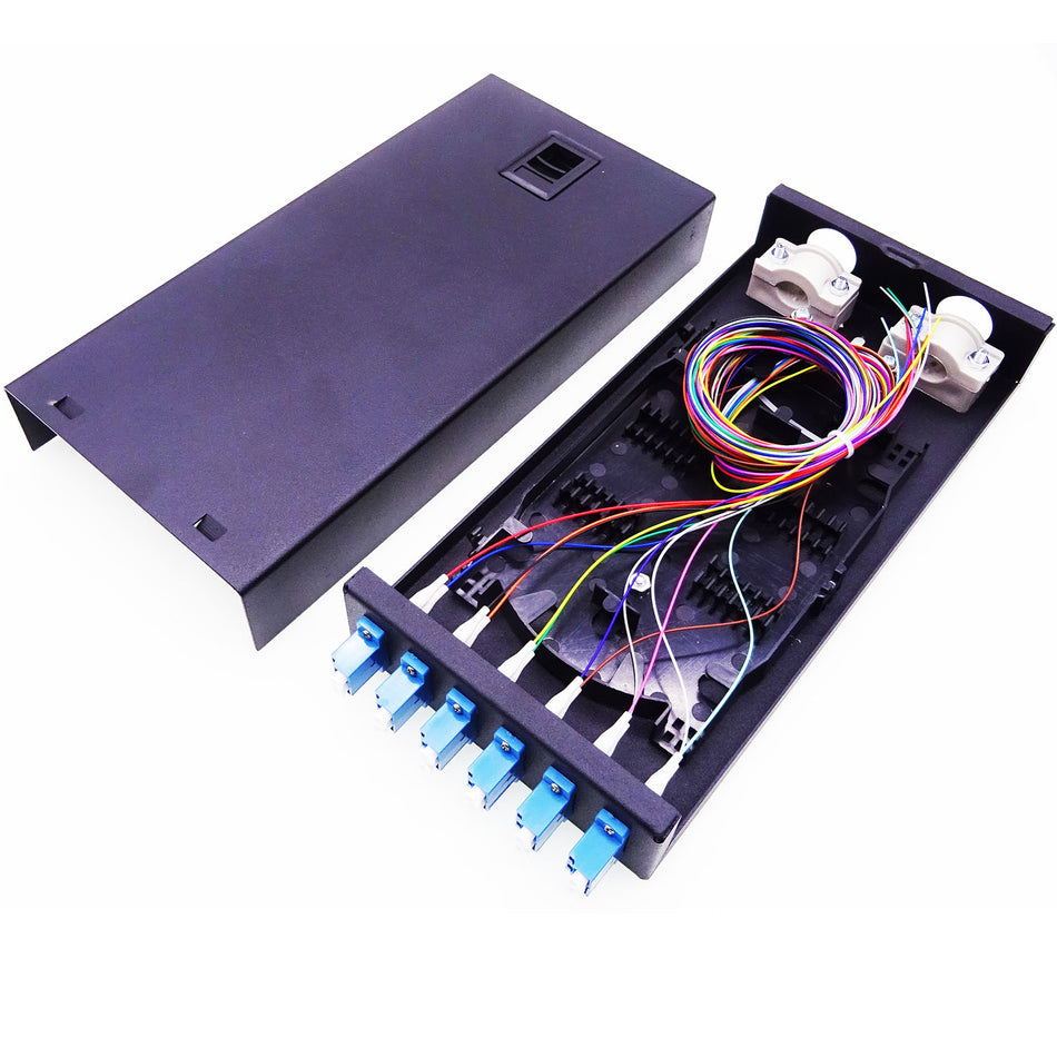 LC Duplex Wall Mount Fiber Optic Termination Distribution Box, Full Loaded with LC/UPC Pigtails and Adapters