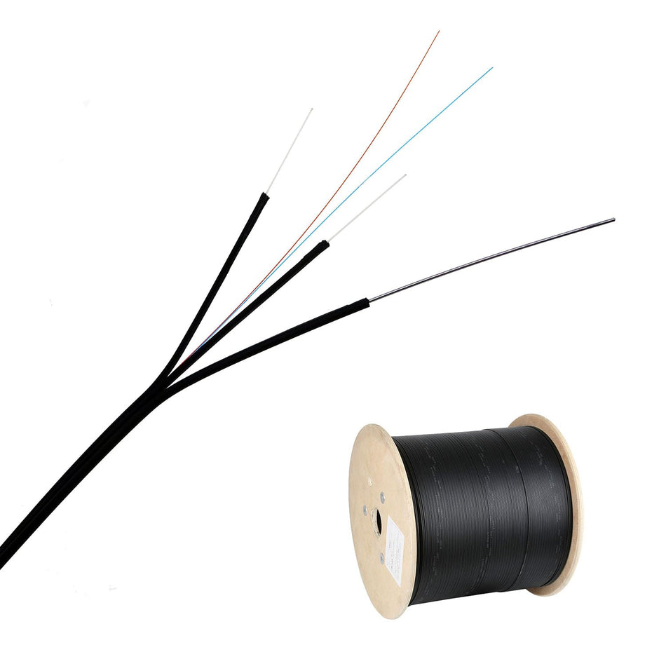 Fiber Optic Outdoor Drop Cable 2 Cores, G657A1 Fiber Core 9/125 Single Mode, 1 Steel Wire + 2 FRP Strengthen Member, LSZH Black Jacket, 1000 Meters/Roll