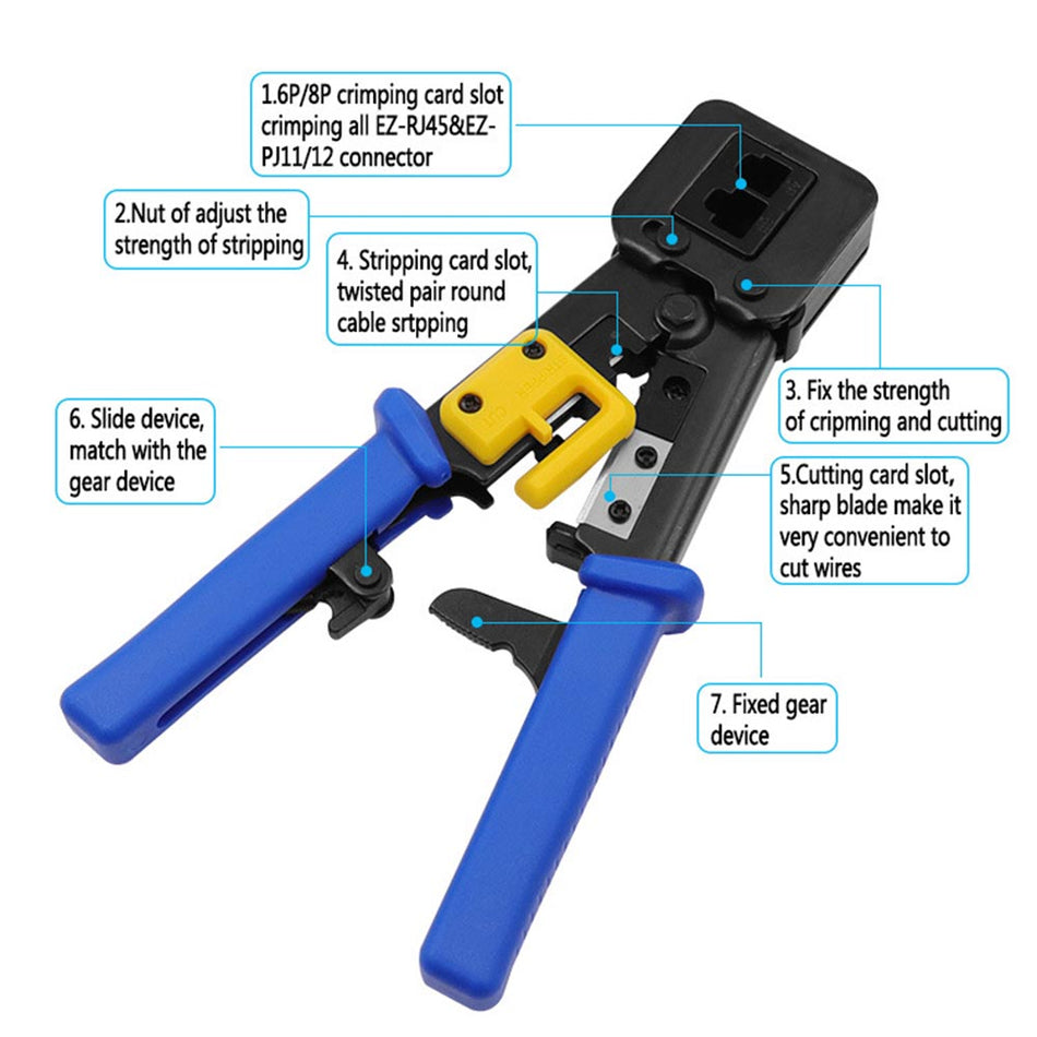 EZ RJ45 Crimp Tool for Cat5e Cat6 Pass Through Connector & RJ11/RJ12 Regular Connector,RJ45 Crimping Tool Kit Heavy Duty Crimping Tool with 5 Free Blades