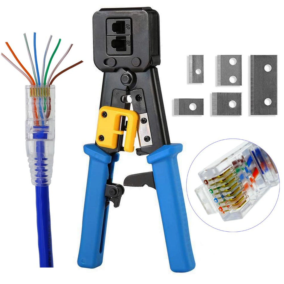 EZ RJ45 Crimp Tool for Cat5e Cat6 Pass Through Connector & RJ11/RJ12 Regular Connector,RJ45 Crimping Tool Kit Heavy Duty Crimping Tool with 5 Free Blades